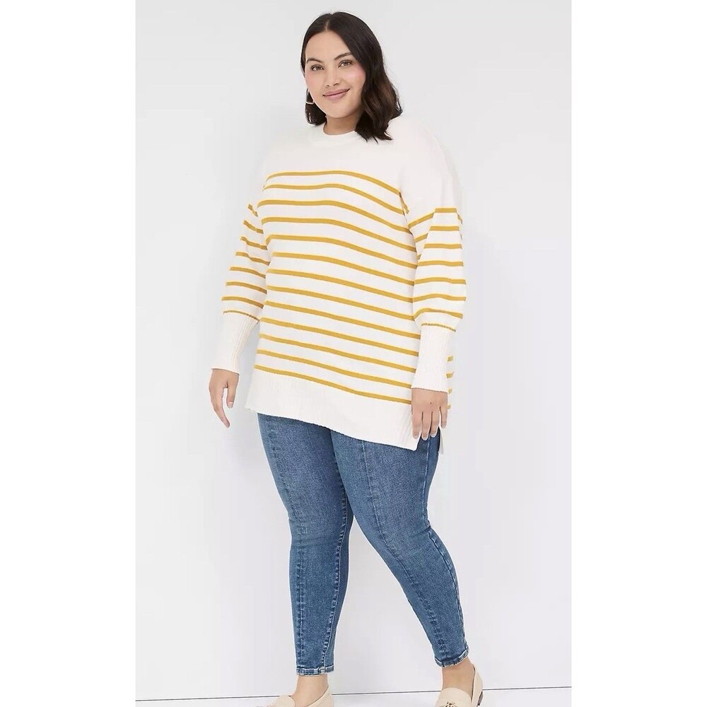 Lane Bryant Size 14/16 White Yellow Striped Long Sleeve Crewneck Sweater - NWT